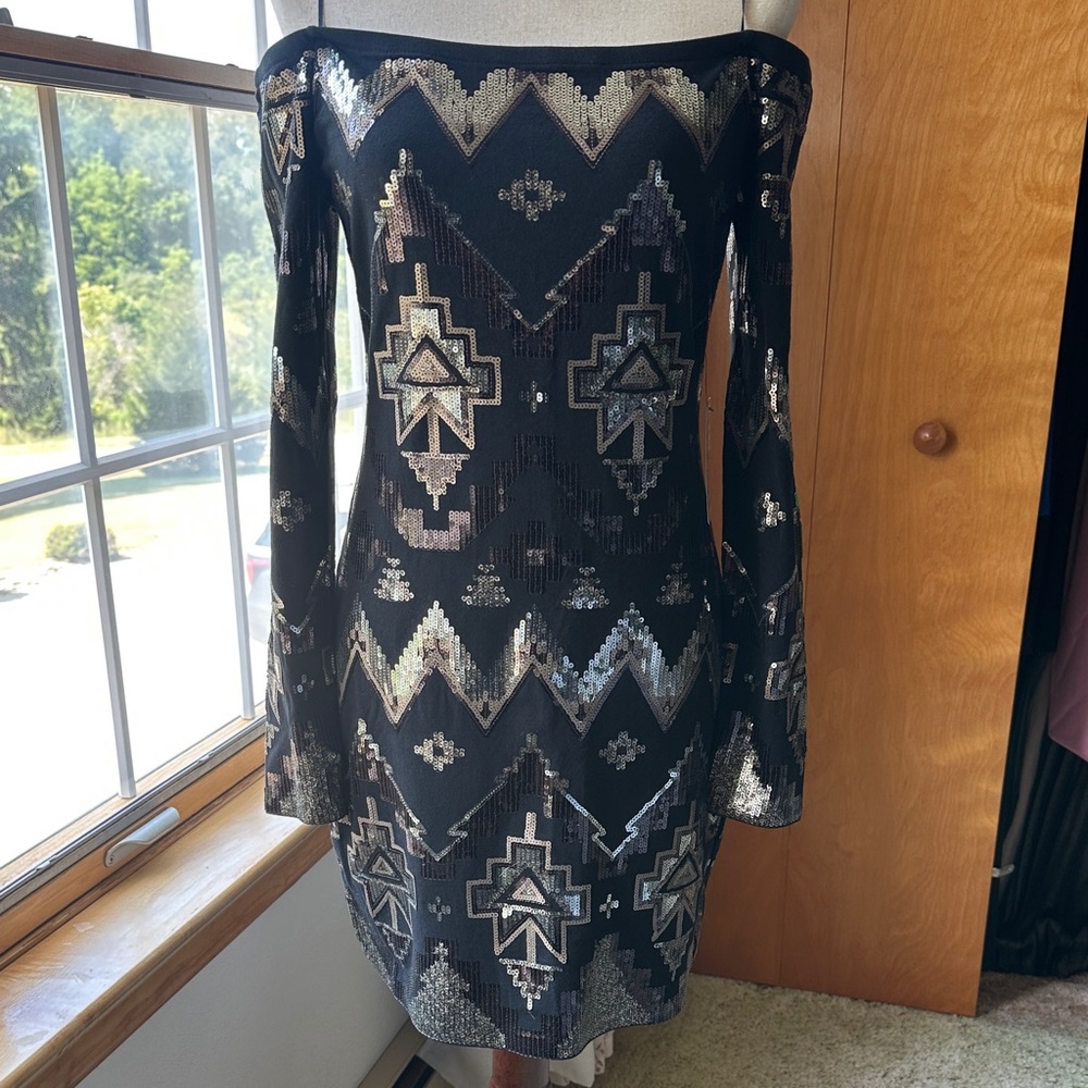 Express Black and Silver Geometric Long Sleeve Dress (NWT)